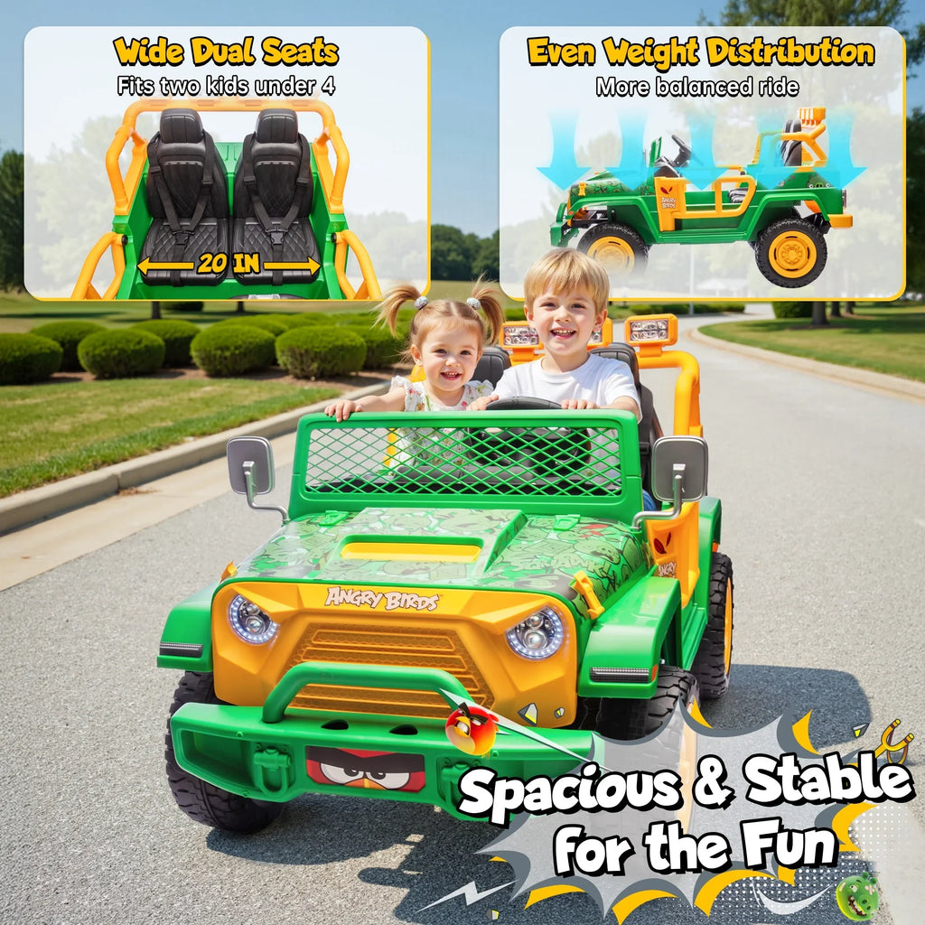 2026 NewJoyracer 24 Volt Ride on Toys for Big Kids, Licensed Angry Birds Ride on Truck with Remote, 2 Seater 4WD Electric Ride ons with Shovel, Bluetooth, Lights, Power Car Wheels for 3-8, 130lbs, Green