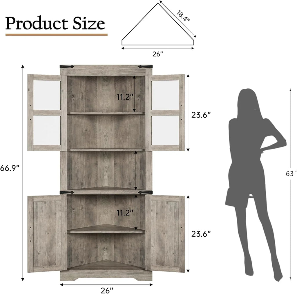 2026 New67" Tall Corner Storage Cabinet with Lights, Farmhouse Corner Hutch Display Cabinet with Glass Doors, Wooden Storage Organizer for Kitchen, Living Room, Bathroom, Washed Grey