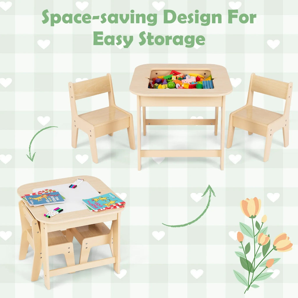 2026 NewOLAKIDS Kids Table and Chair Set, 3 in 1 Wooden Activity Table with Removable Tabletop, Blackboard and Whiteboard for Toddlers Arts Crafts Drawing Reading Playing, Playroom Nursery (Natural)