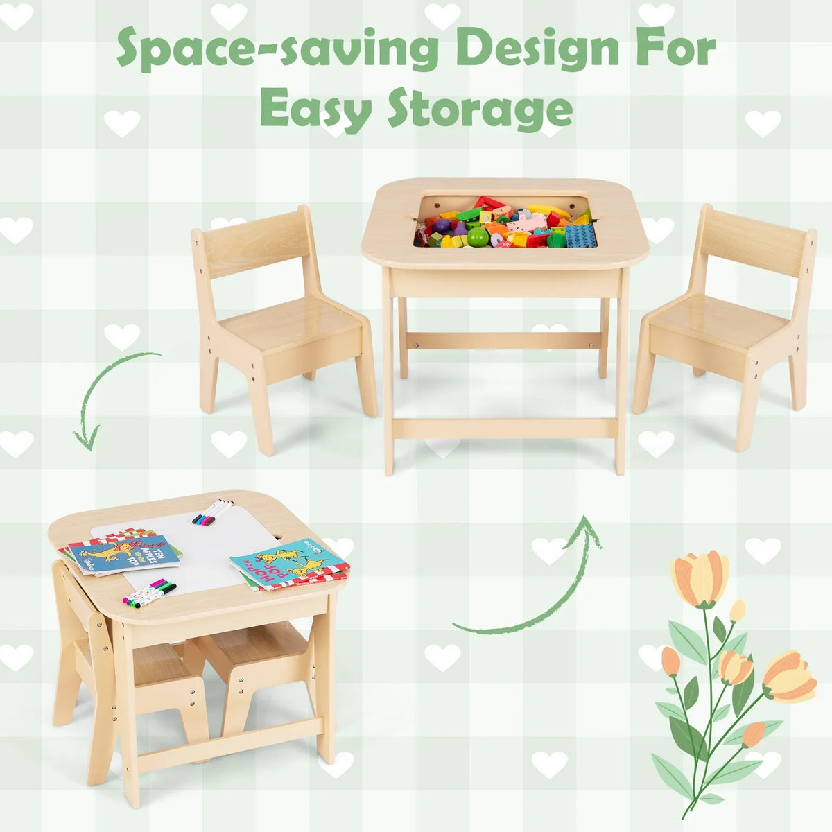 2026 NewOLAKIDS Kids Table and Chair Set, 3 in 1 Wooden Activity Table with Removable Tabletop, Blackboard and Whiteboard for Toddlers Arts Crafts Drawing Reading Playing, Playroom Nursery (Natural)