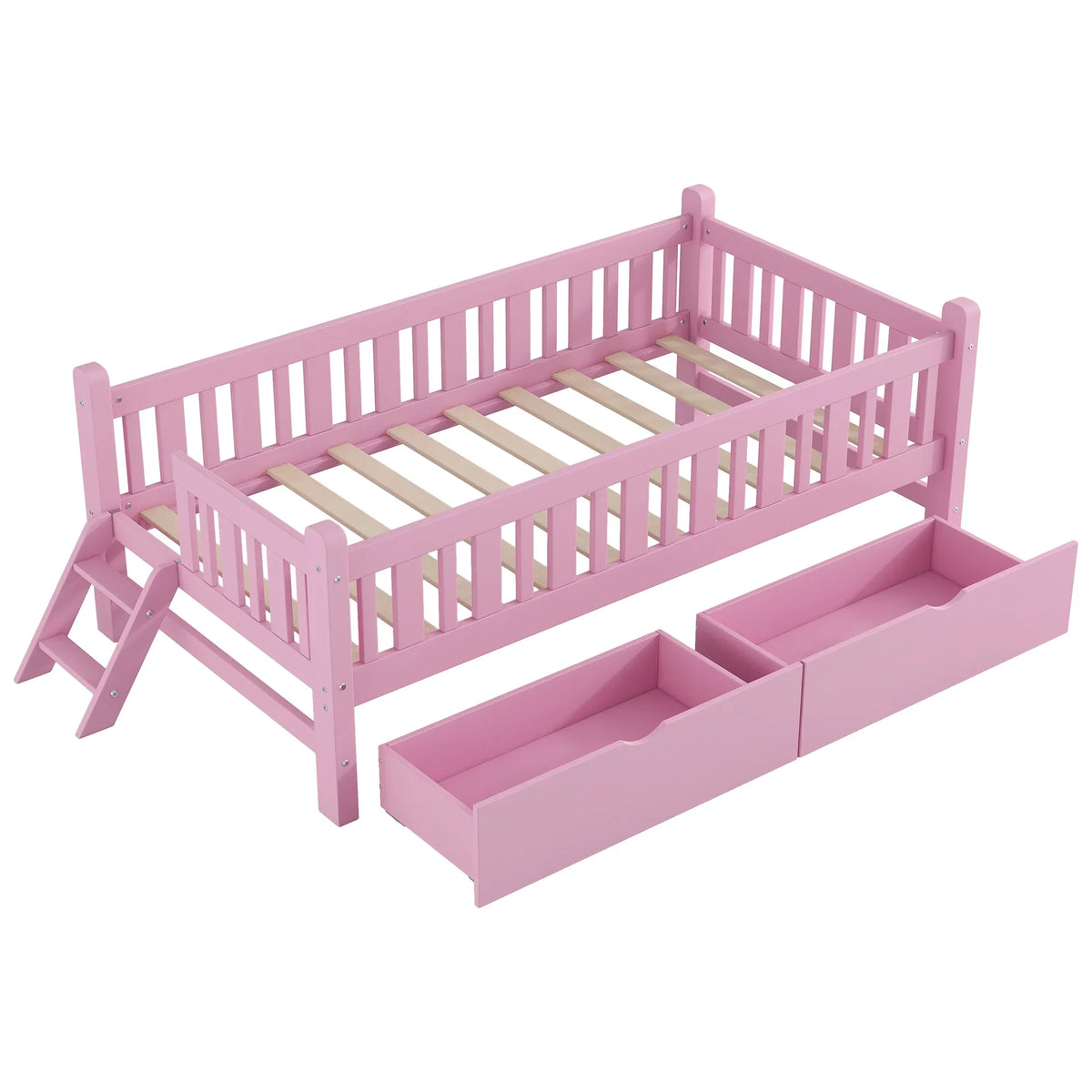 2026 NewEuroco Wood Twin Size Platform Bed with 2 Drawers and Ladder for Kids and Toddlers, White