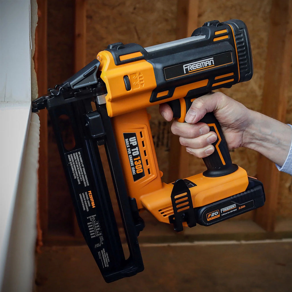Freeman PE20VFN64 20 Volt Cordless 16-Gauge 2-1/2" Straight Finish Nailer Kit with Lithium Ion Battery, Charger, Bag, and Nails (200 Count) -C 1300 Shots per Charge