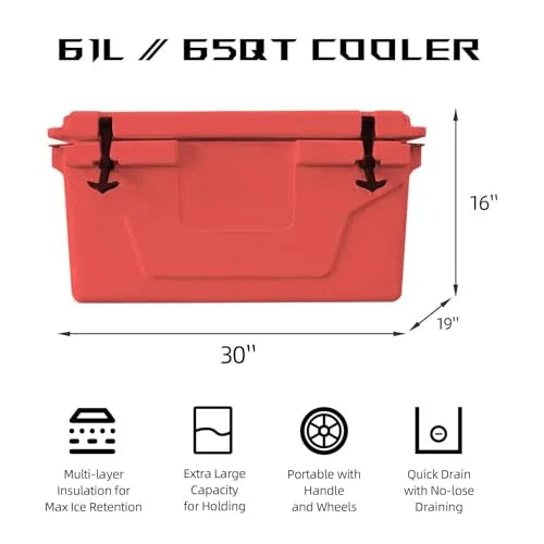 Portable Cooler 65 Quart Ultra-Light Wheeled Hard Cooler Insulated Portable Ice Chest Box with Wheels, Large Leakproof Camping Cooler for Beach, Camping, Picnic, Fishing, Boat, Barbecue