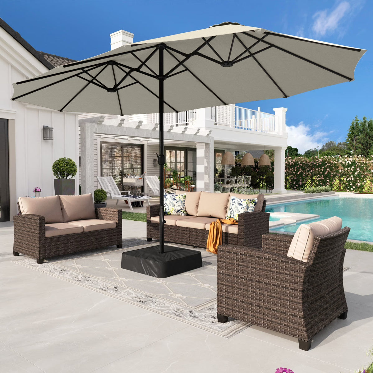 2026 NewAlpha Joy 15ft Outdoor Patio Umbrella Extra-Large Double-Sided Garden Umbrella with Crank Handle and Base - Smoky Gray