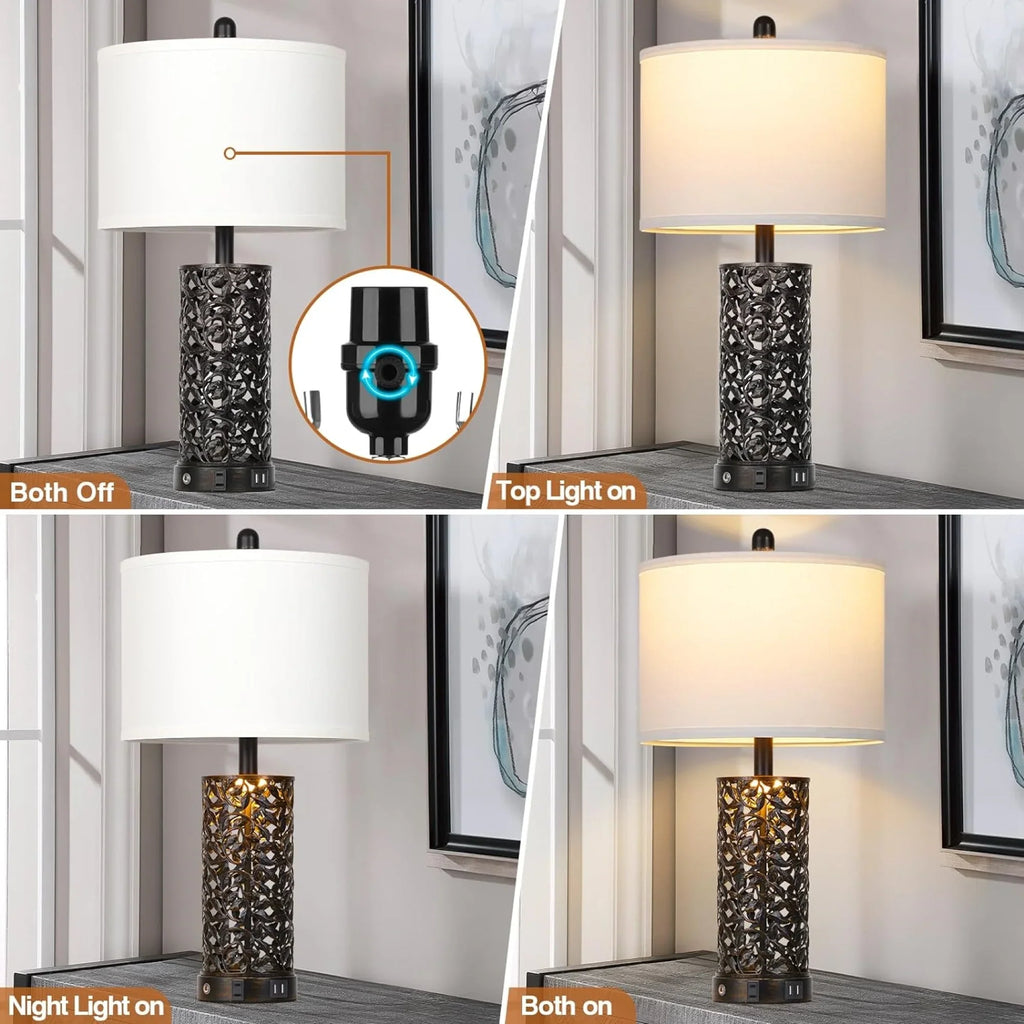 2026 NewCinkeda Table Lamp Set of 2 for Living Room Bedroom with USB Ports AC Outlet 3 Way Dimmable Touch Nightlight Farmhouse White Floral Nightstand Bedside Lamps