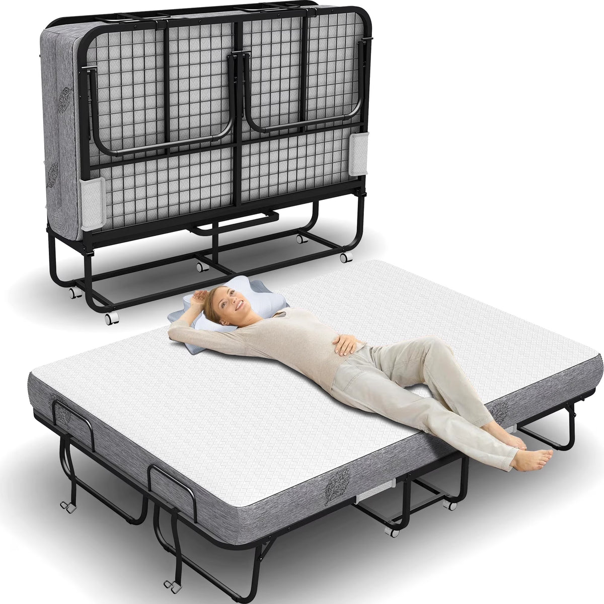 2026 NewFolding Bed with Mattress 75" x 31" Cot Size Folded Bed, Rollaway Guest Bed Portable Foldable Extra Bed for Adults Daybed with 5" Memory Foam Mattress Space-Saving Sturdy Metal Grid Frame