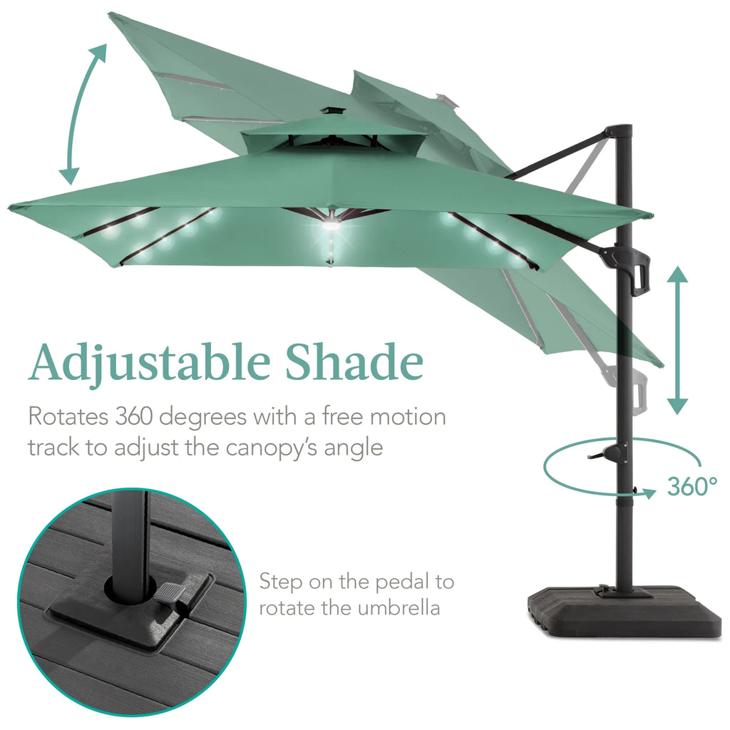 2026 NewBest Choice Products 10x10ft 2-Tier Square Outdoor Solar LED Cantilever Patio Umbrella w/ Base Included - Tan