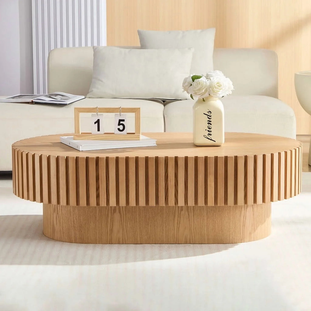2026 NewFFH 43.7 inch Oval Coffee Table for Living Room,Handcraft Rustic Corner Coffee Table Nature Wood Relief Sturdy Pedestal for Apartmen,Side Table Centre Table,Nature Wood