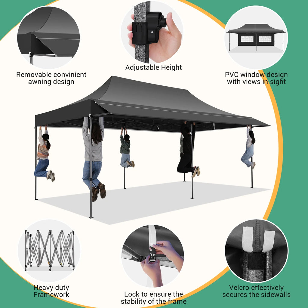 COBIZI 10x20 Pop Up Canopy Heavy Duty Party Tent with Removable Awning and Sidewalls,Easy Up Outdoor Wedding Canopy,Gazebo All Season Windproof&Waterproof with Roller Bag UPF 50+,Black