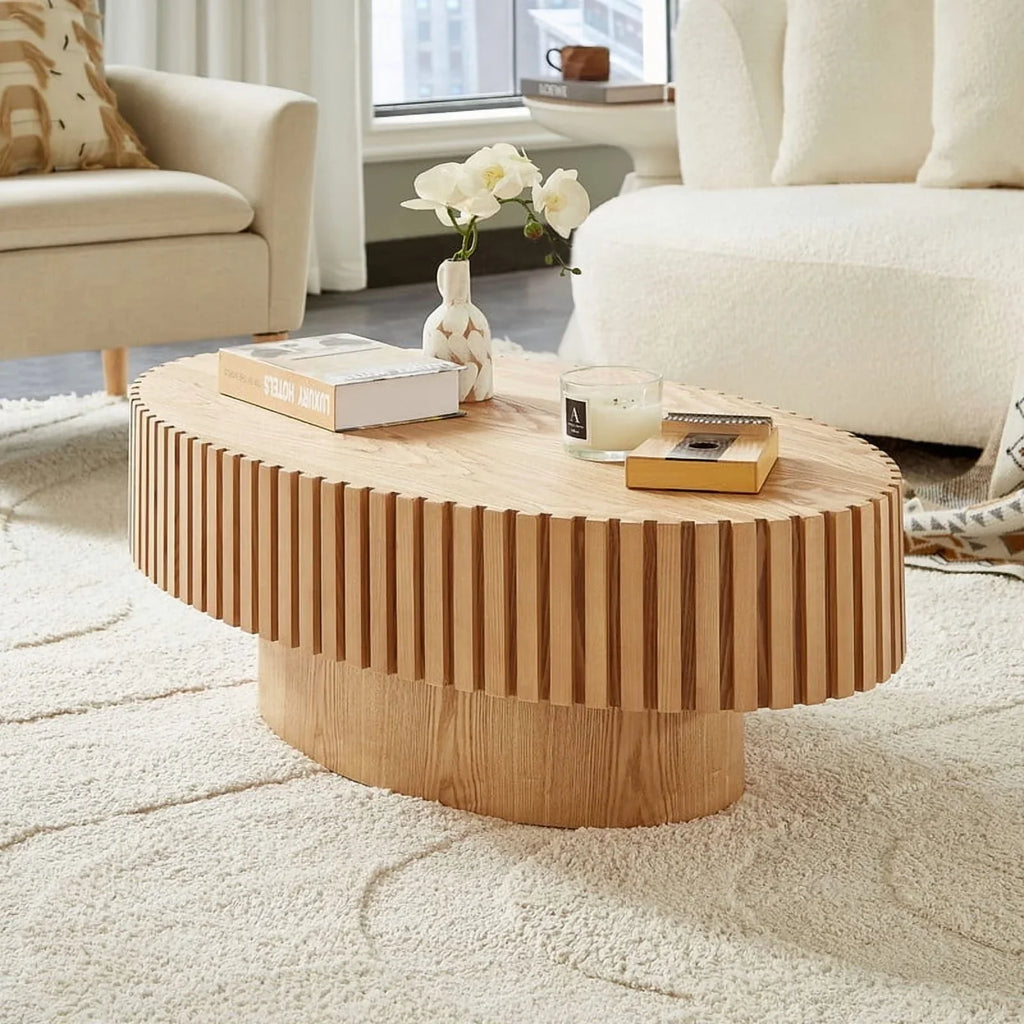2026 NewFFH 43.7 inch Oval Coffee Table for Living Room,Handcraft Rustic Corner Coffee Table Nature Wood Relief Sturdy Pedestal for Apartmen,Side Table Centre Table,Nature Wood