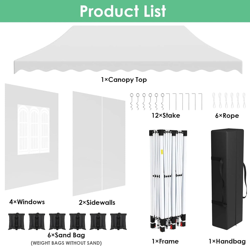 LAZY BUDDY 10'x20' Pop up Canopy Tent with 6 Sidewalls, Heavy Duty Outdoor Canopy Tent Commercial Instant Folding Sun Shelter for Party, Wedding, Camping