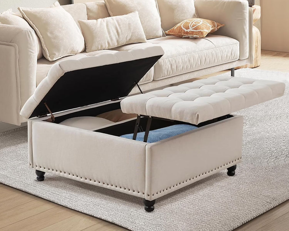 2026 NewMagic Union 35" Large Square Storage Ottoman, Oversized Square Ottoman with Storage, Tufted Upholstered Ottoman Coffee Table with Lift Top for Living Room (Beige)
