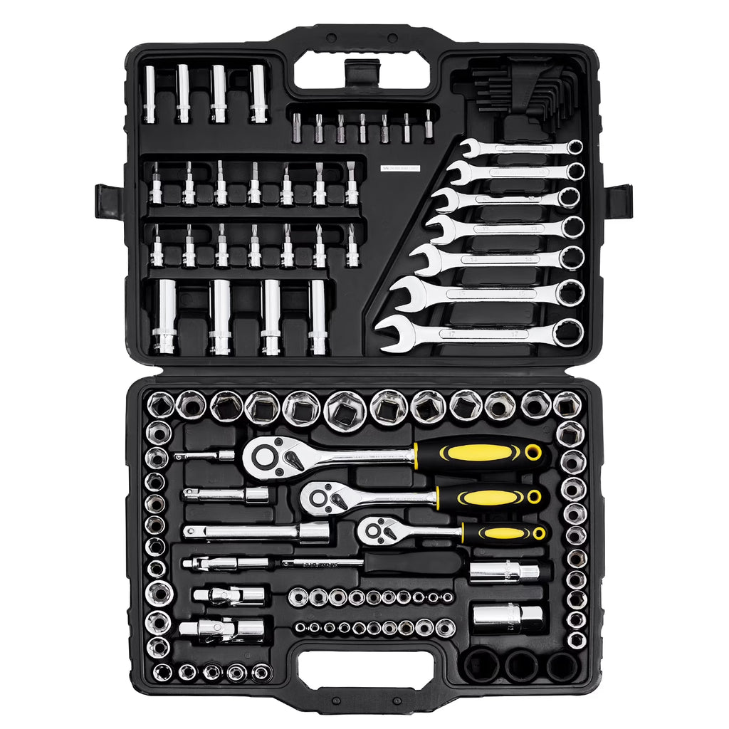 VEVOR 121-Piece Mechanics Tool Set, 1/4" 3/8" 1/2" Drive Sockets, SAE and Metric Mechanic Tool Kit with Bits, Wrenches, Ratchet Handle, Accessories, and Plastic Storage Case, for Automotive Repair