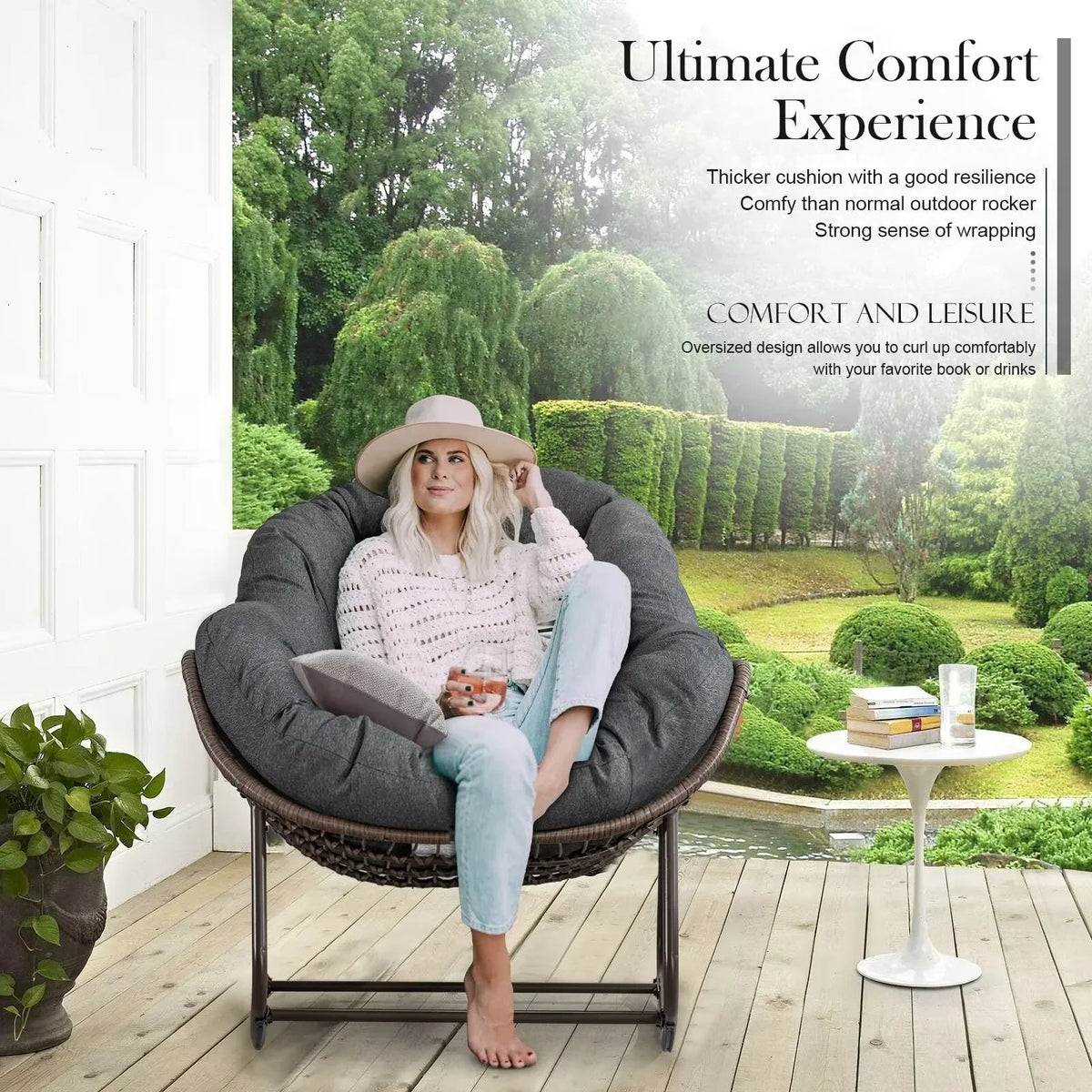 2026 NewOutdoor Papasan Rocking Chair, Patio Oversized Wicker Egg Rocking Chair, Indoor & Outdoor Comfy Rocker Chair with Thick Cushion, Modern Lounge Chair for Front Porch, Garden, Backyard, Grey