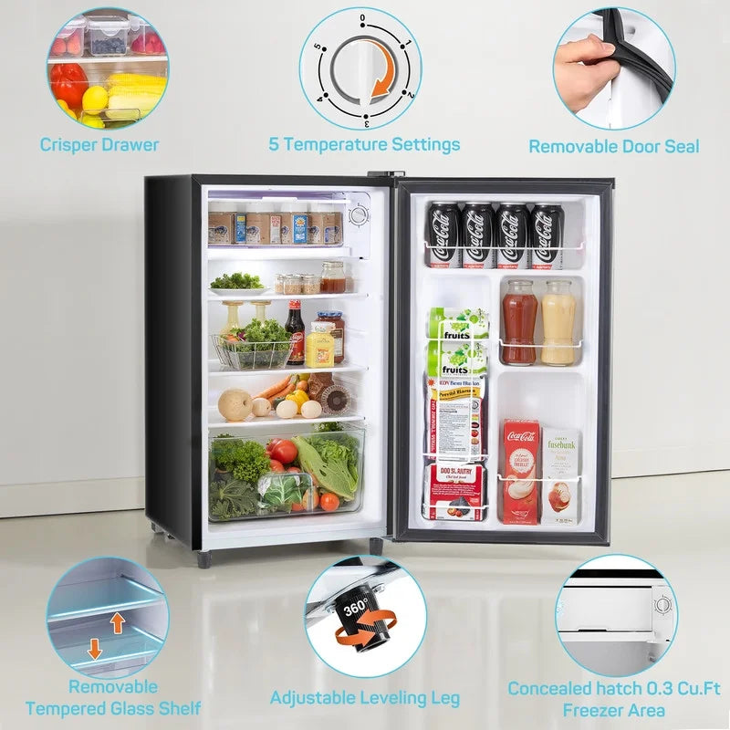 Sybels 3.2 Cu.Ft Mini Fridge with Freezer, Compact Single Door, Adjustable Thermostat & Low Noise, Perfect for Bedroom, Dorm, Office, Black