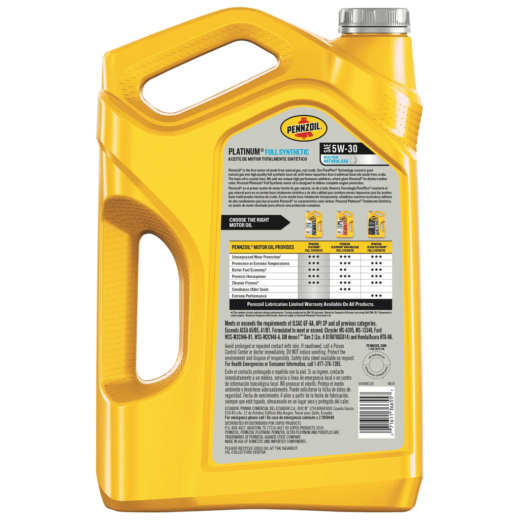 Pennzoil Platinum Full Synthetic 5W-30 Motor Oil, 5-Quart