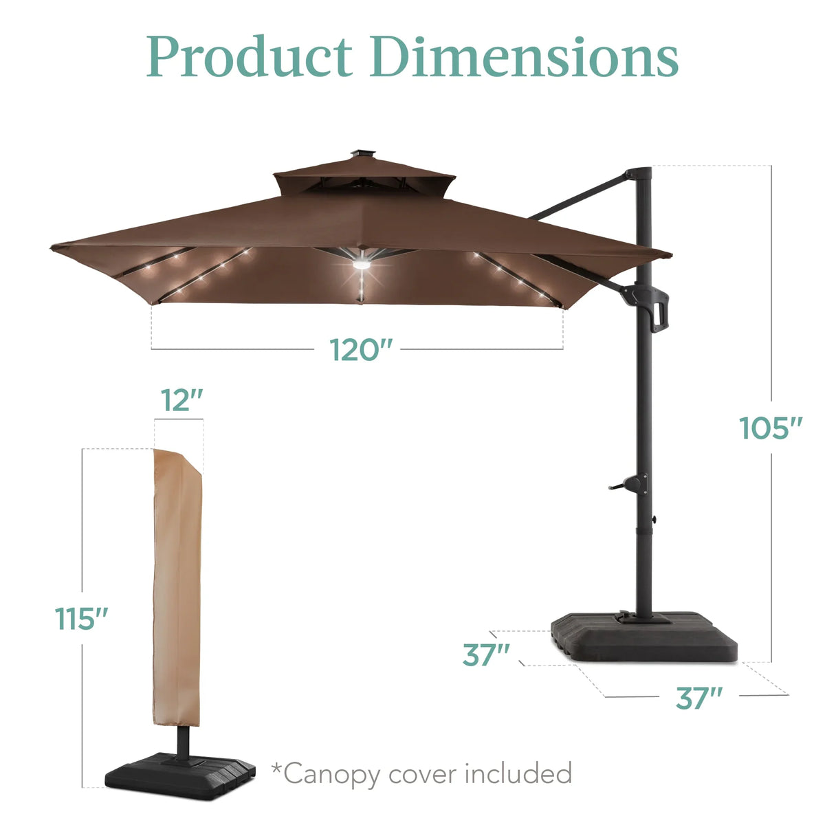 2026 NewBest Choice Products 10x10ft 2-Tier Square Outdoor Solar LED Cantilever Patio Umbrella w/ Base Included - Tan