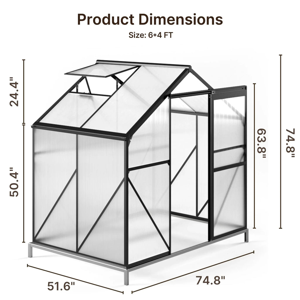 2026 NewAsofer 6' x 4' Greenhouse for Outdoors, Aluminum Walk-in Green Houses shed with Rain Gutter and Roof Vent for Backyard