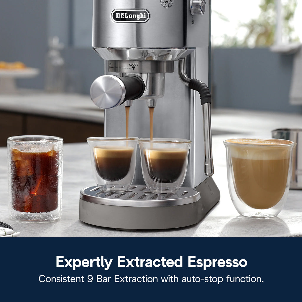2026 NewDe’Longhi Dedica Duo Espresso Machine, Compact Size with Built in Frother for Latte Art, Brew Espresso, Cold Brew, Lattes & More, Stainless Steel