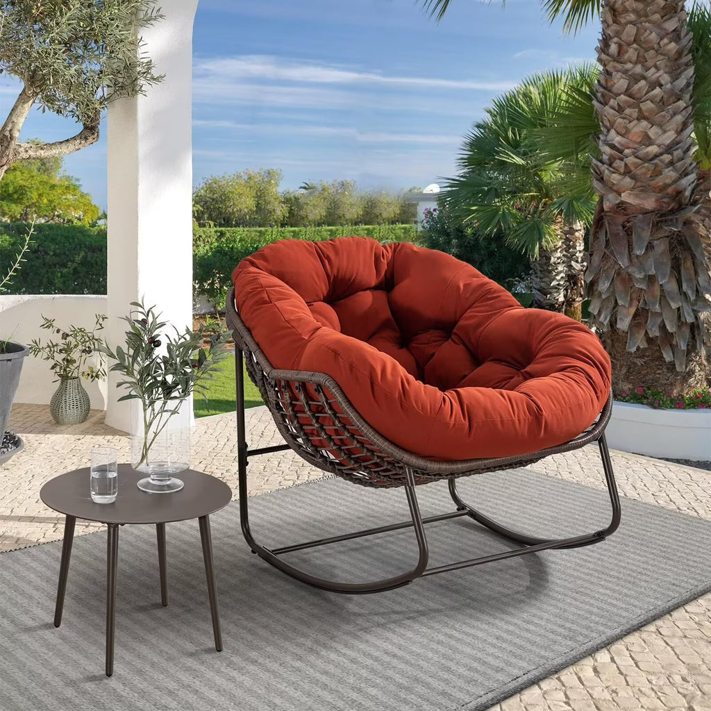 2026 NewOutdoor Papasan Rocking Chair, Patio Oversized Wicker Egg Rocking Chair, Indoor & Outdoor Comfy Rocker Chair with Thick Cushion, Modern Lounge Chair for Front Porch, Garden, Backyard, Grey