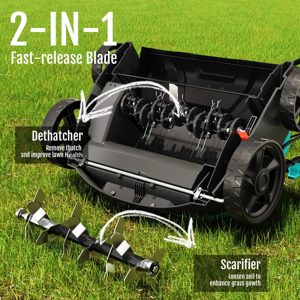 2026 New2-in-1 Scarifier and Dethatcher – Deep Soil Revitalization with High-Torque Motor, Adjustable Depth Control, Dual Safety Switch & Removable 10.5-Gallon Thatch Bag
