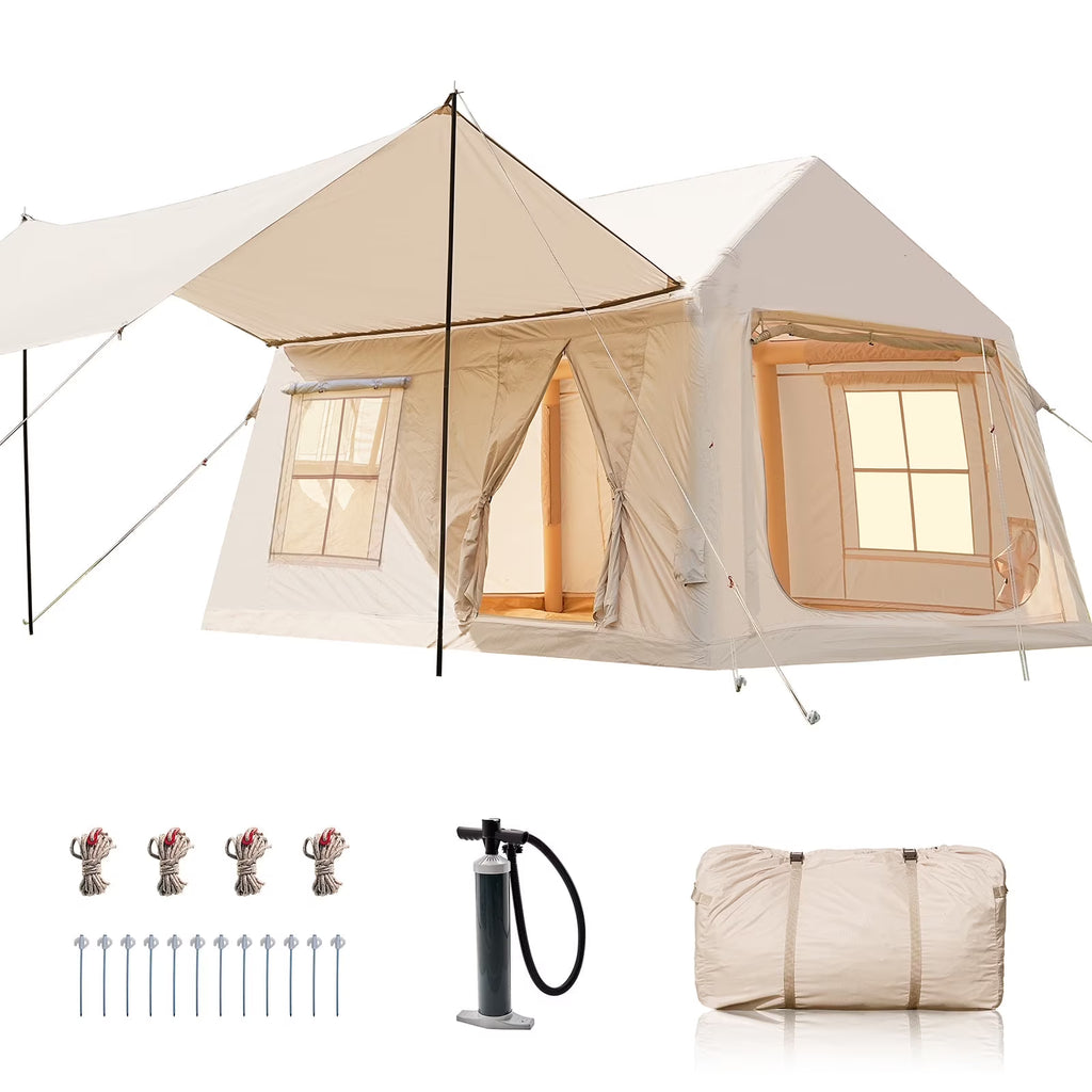 Slsy 4-6 Person Inflatable Camping Tents with Hand Pump & Carry Bag, Air Glamping Tents, Easy Setup Waterproof Windproof Blow up Tent, 4 Seasons Oxford Cabin Tent with Mesh & Chimney Window