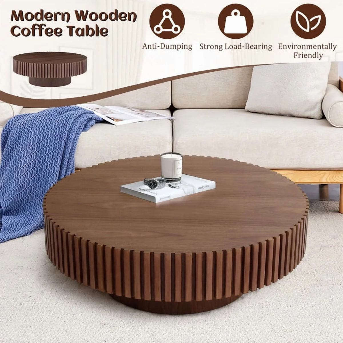 2026 NewFFH 43.7 inch Oval Coffee Table for Living Room,Handcraft Rustic Corner Coffee Table Nature Wood Relief Sturdy Pedestal for Apartmen,Side Table Centre Table,Nature Wood