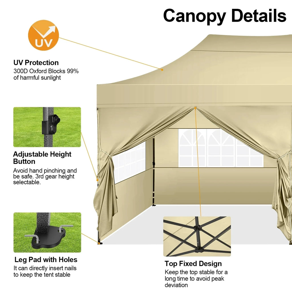 COBIZI 10x20 Heavy Duty Pop up Canopy Tent with 6 sidewalls Easy Up Commercial Outdoor Canopy Wedding Party Tent for Beach All Season Wind & Waterproof Gazebo with Roller Bag,Black(Frame Thickened)