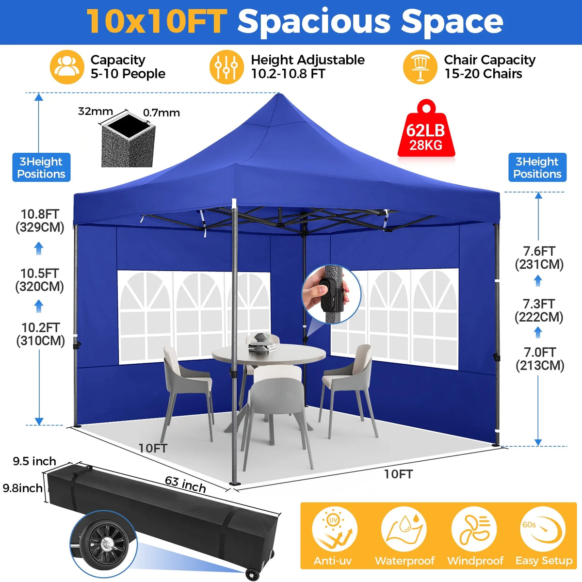 SANOPY 10'x20' Pop Up Canopy Waterproof Folding Tent Outdoor Easy Set-up Instant Tent Heavy Duty Commercial Wedding Party Shelter with 6 Removable Sidewalls, 4 Sandbags, Roller Bag, Black