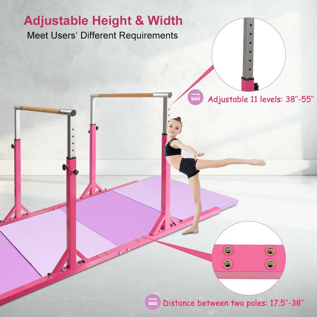 2026 NewCostway Kids Gymnastics Parallel Bars Double Horizontal Bars Adjustable Width Height