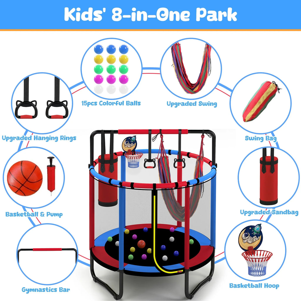 2026 NewMini Round Trampoline for Kids with Basketball Hoop, SEGMART 55'' Indoor Outdoor Toddler Trampoline with Enclosure Net, Swing, Sandbag, Ring, Ocean Balls, Small Trampoline Gift for Boys Girls, Blue