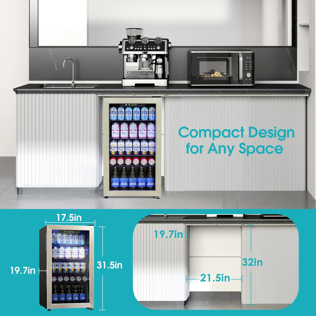 2026 NewQunler 130 Can Beverage Cooler Refrigerator with Glass Door for Beer Soda Water, Drink Fridge for Home Bar, Silver