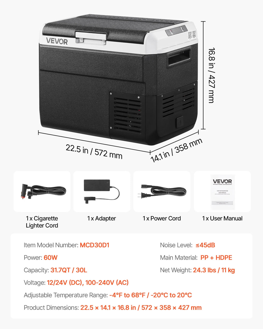 VEVOR 12 Volt Car Refrigerator, 31.7QT/30L Car Fridge, Portable Electric Cooler with -4-H~68-H Adjustable Temperature, 12/24V DC and 100- 240V AC Compressor Freezer for Outdoor, Camping, Travel, RV