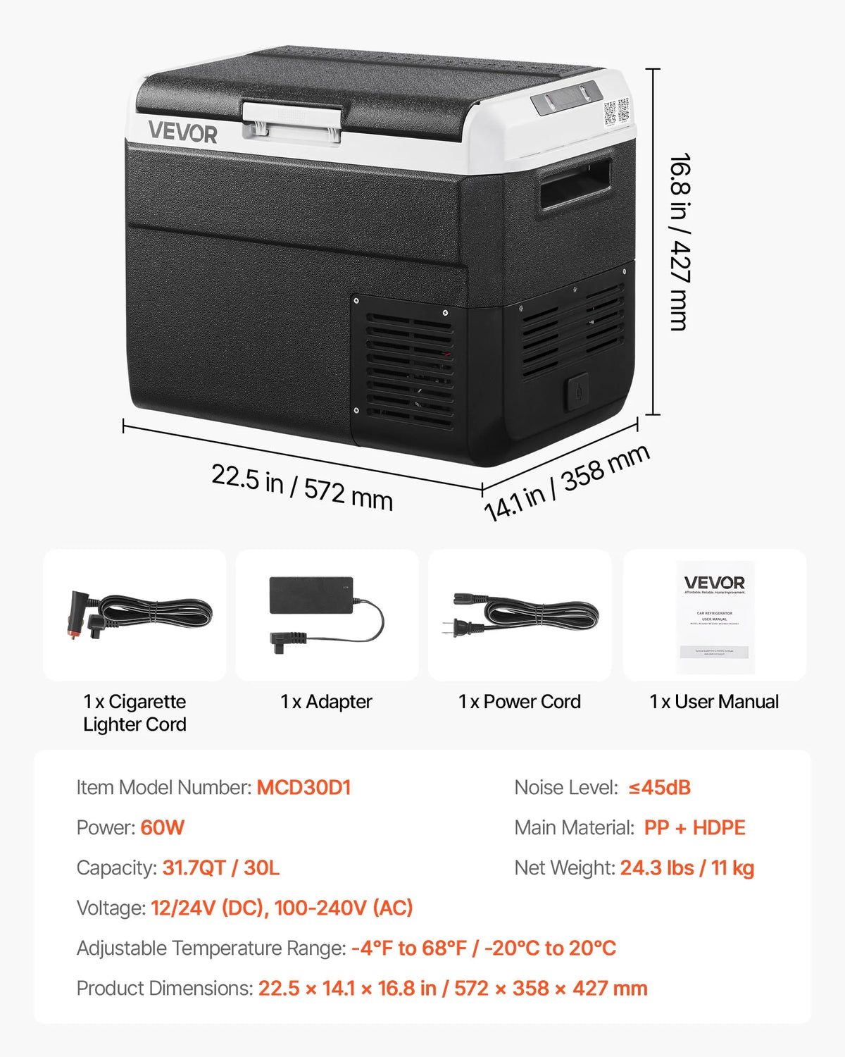 VEVOR 12 Volt Car Refrigerator, 31.7QT/30L Car Fridge, Portable Electric Cooler with -4-H~68-H Adjustable Temperature, 12/24V DC and 100- 240V AC Compressor Freezer for Outdoor, Camping, Travel, RV