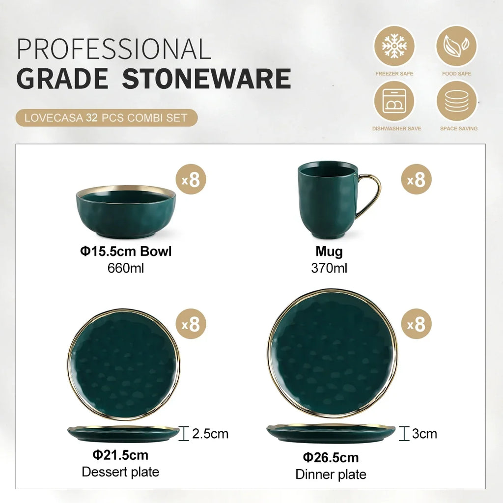 2026 NewLOVECASA Dinnerware Sets, Stoneware Dinner Set for 8, 32-Piece Round Dark Green and Gold, Series Sweet