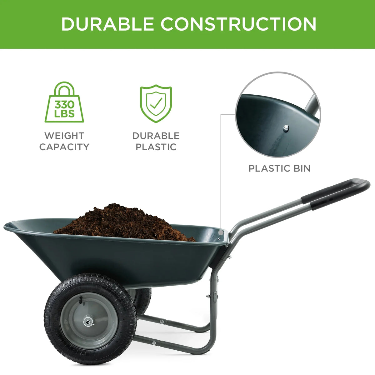 2026 NewBest Choice Products Dual-Wheel Home Wheelbarrow Yard Garden Cart for Lawn, Construction - Green