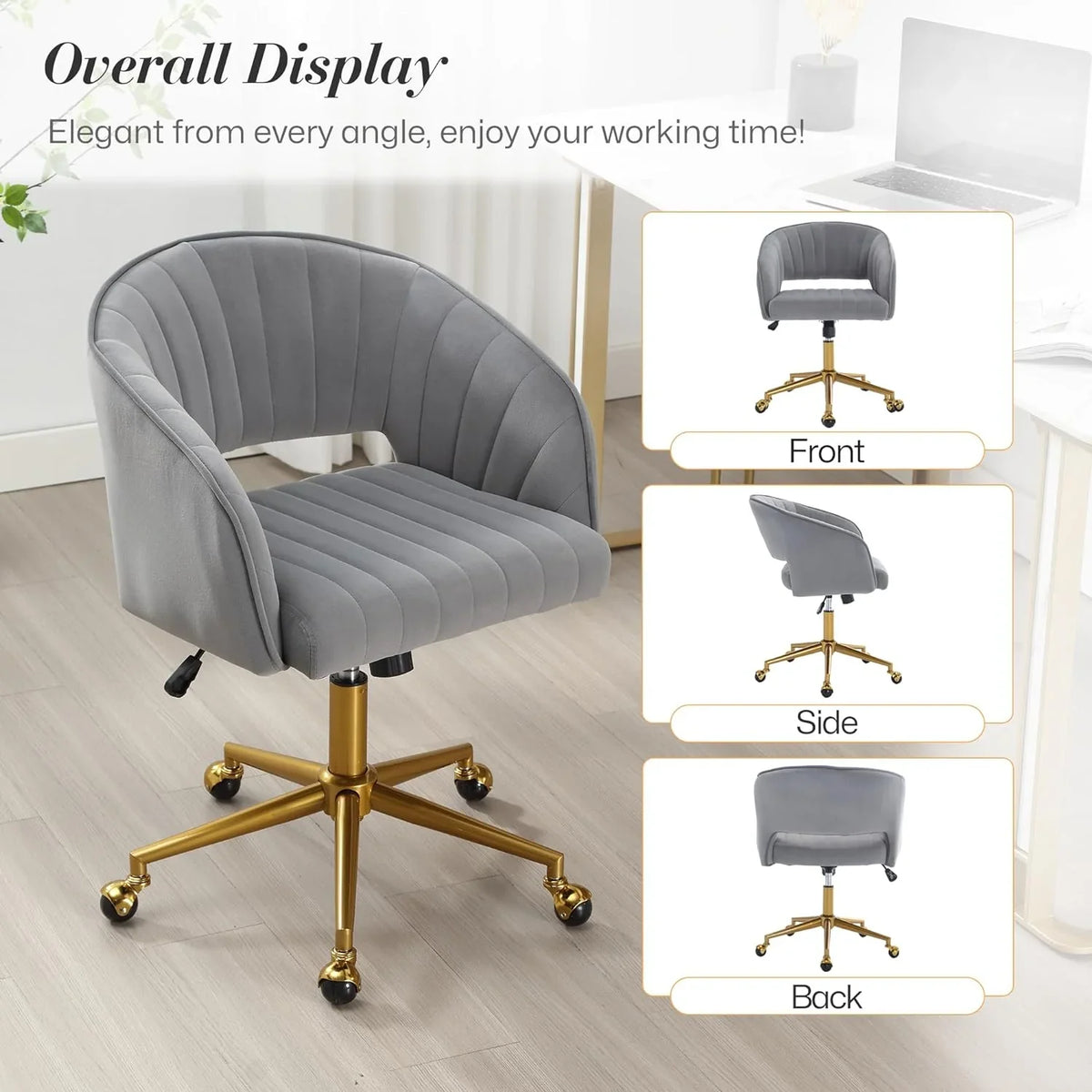 2026 NewHome Office Swivel Desk Chair, Modern Velvet Vanity Chair, Height Adjustable Armchair with Gold Base, Ergonomic Office Chair for Task Study Computer Room, Beige