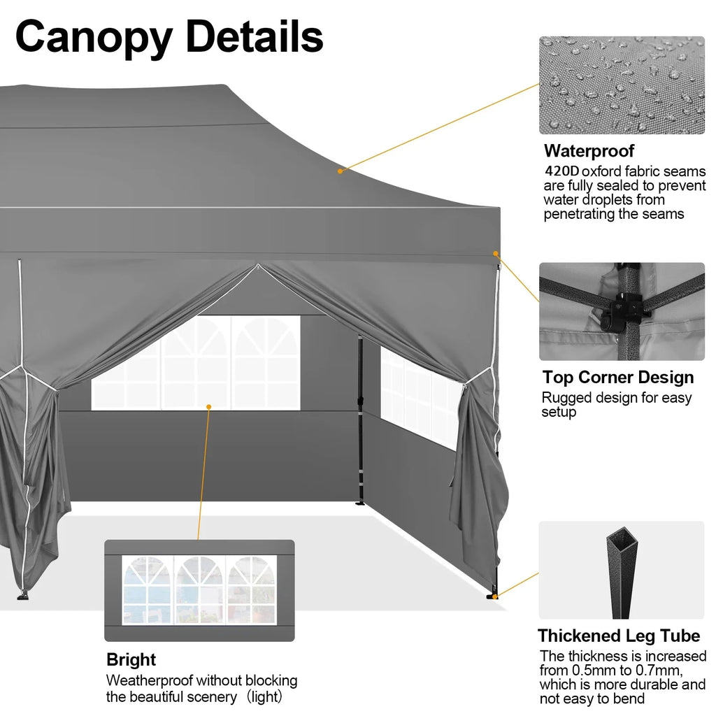 COBIZI 10x20 Heavy Duty Pop up Canopy Tent with 6 sidewalls Easy Up Commercial Outdoor Canopy Wedding Party Tent for Beach All Season Wind & Waterproof Gazebo with Roller Bag,Black(Frame Thickened)