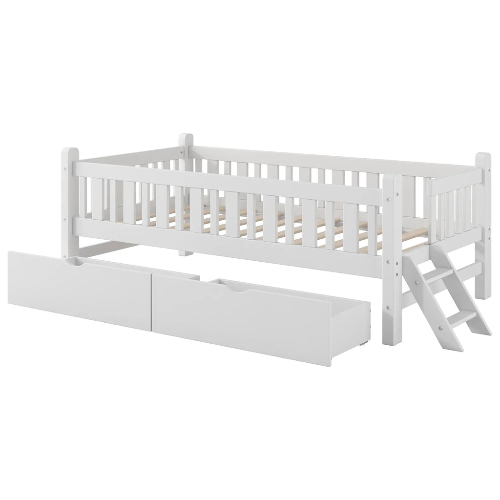2026 NewEuroco Wood Twin Size Platform Bed with 2 Drawers and Ladder for Kids and Toddlers, White