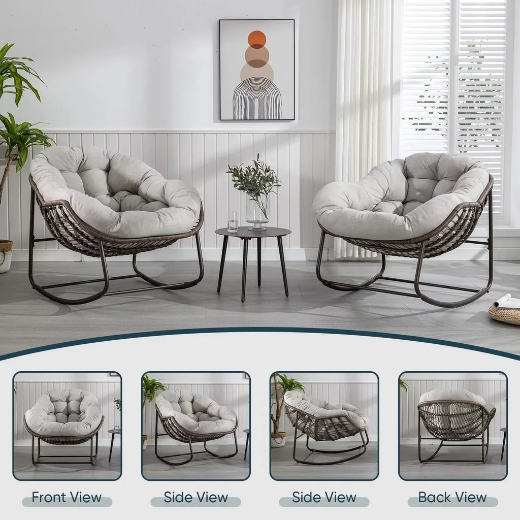 2026 NewOutdoor Papasan Rocking Chair, Patio Oversized Wicker Egg Rocking Chair, Indoor & Outdoor Comfy Rocker Chair with Thick Cushion, Modern Lounge Chair for Front Porch, Garden, Backyard, Grey