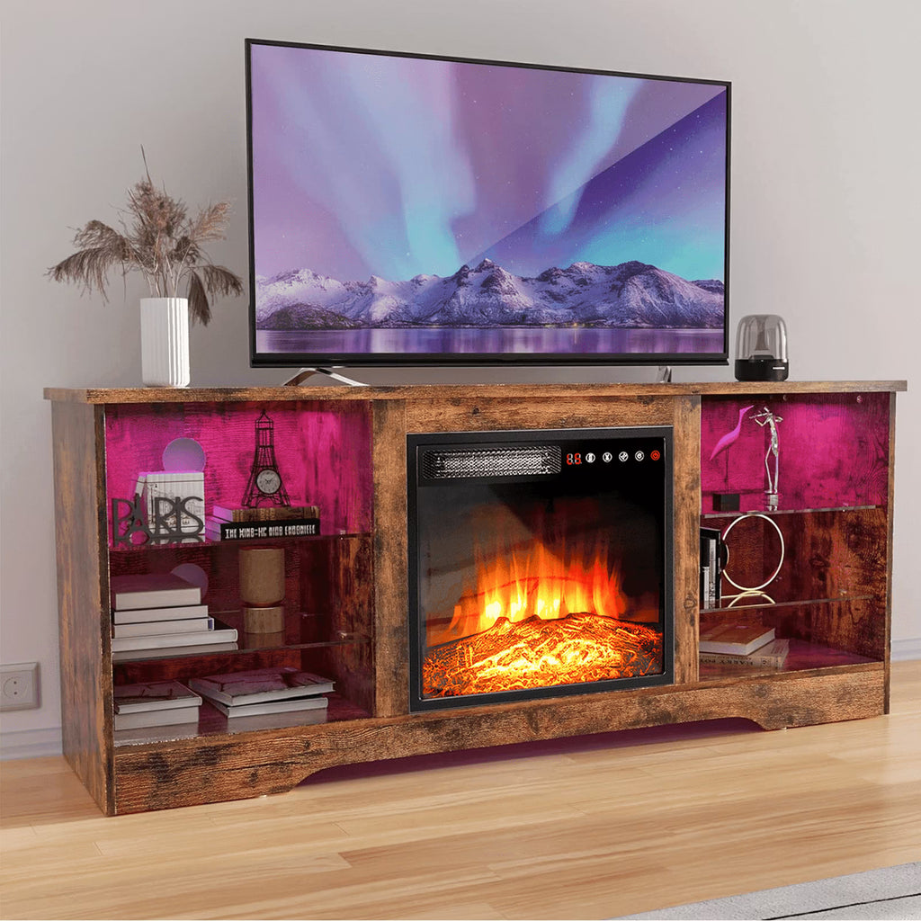 Waleaf Fireplace TV Stand with 18'' Fireplace for TVs up to 65 inch, Two Adjustable Glass Shelves
