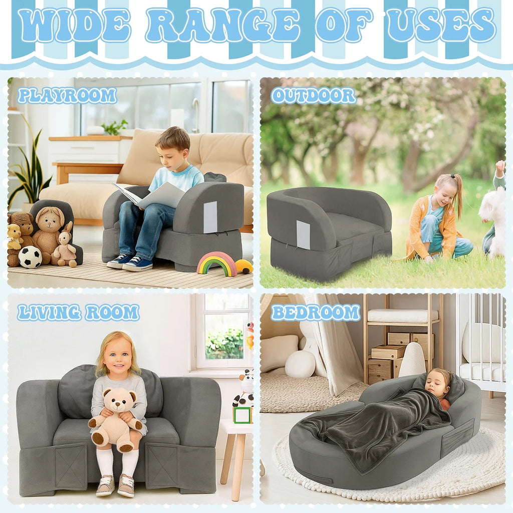 2026 NewCoumy Toddler Travel Bed 2-in-1 Kids Sofa Chair with Removable Cover, Soft Foam Portable Foldable Toddler Bed for Travel with Carrying Bag, Blue