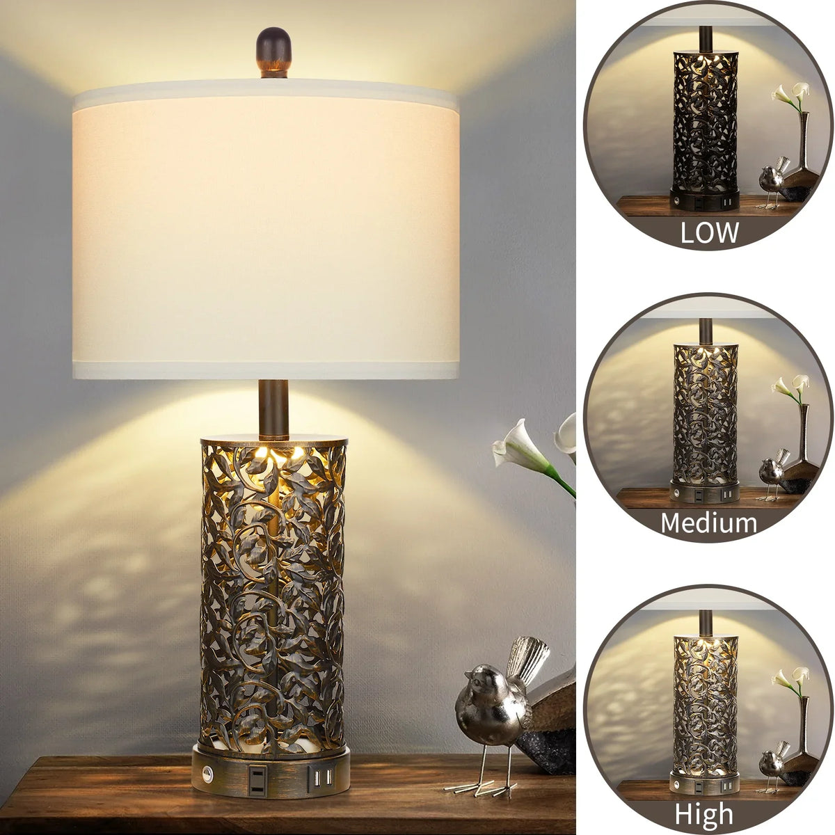 2026 NewCinkeda Table Lamp Set of 2 for Living Room Bedroom with USB Ports AC Outlet 3 Way Dimmable Touch Nightlight Farmhouse White Floral Nightstand Bedside Lamps