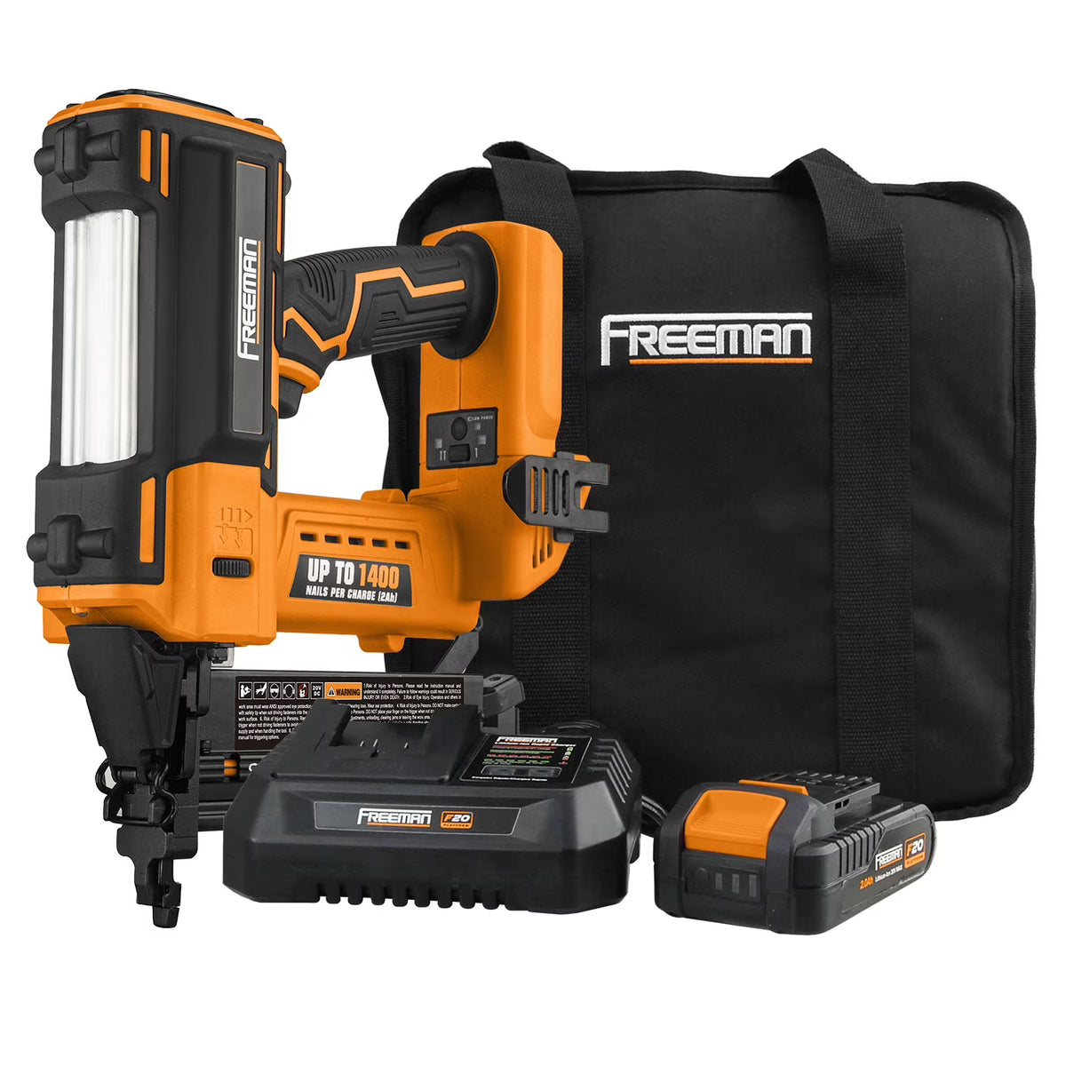 Freeman PE20V2118G2 20 Volt Cordless 2-in-1 18-Gauge Nailer / Stapler Kit with Lithium Ion Battery, Charger, Bag, and Fasteners (400 Count) -C 1400 Shots per Charge