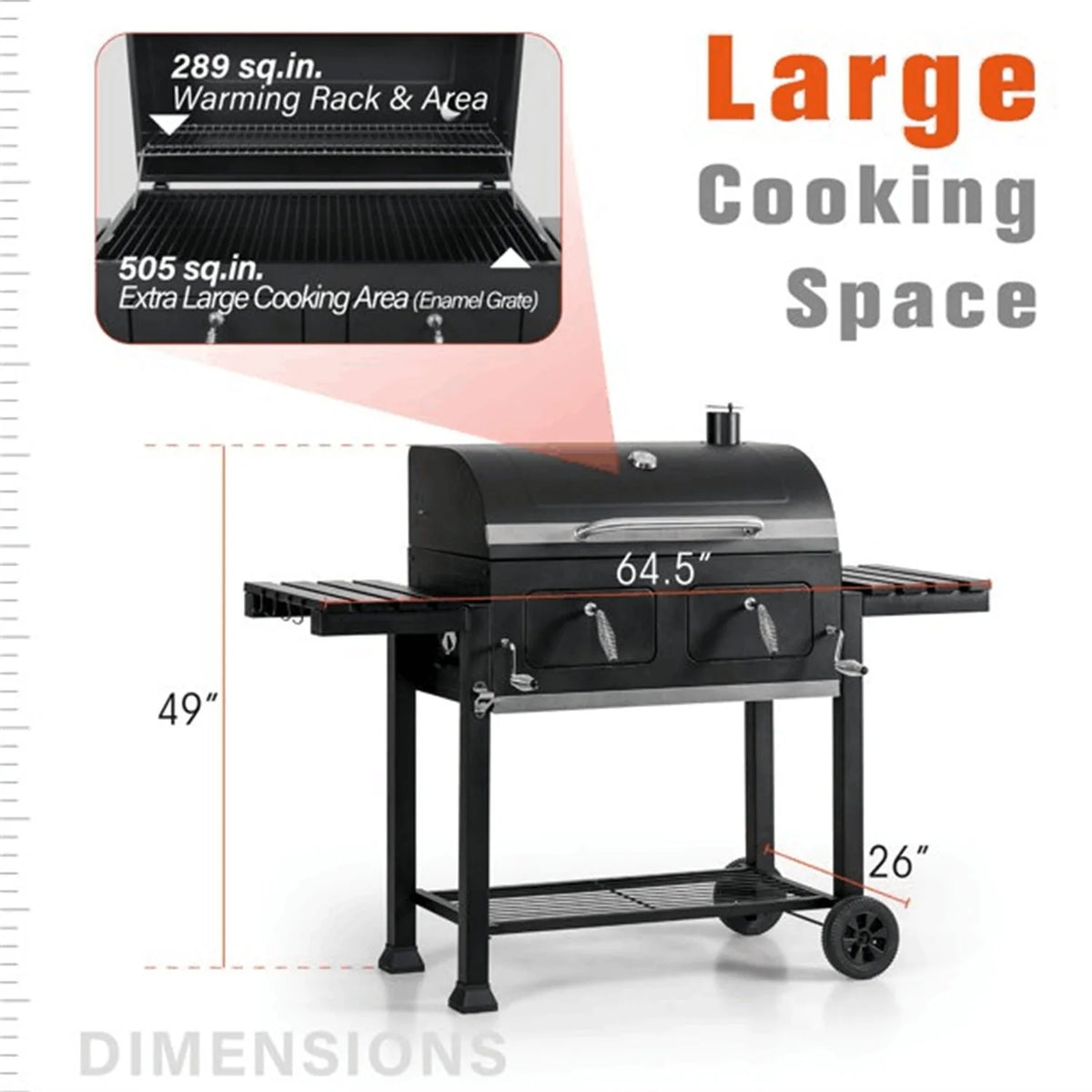 34'' Charcoal Grill Extra Large Portable BBQ Grill, Black