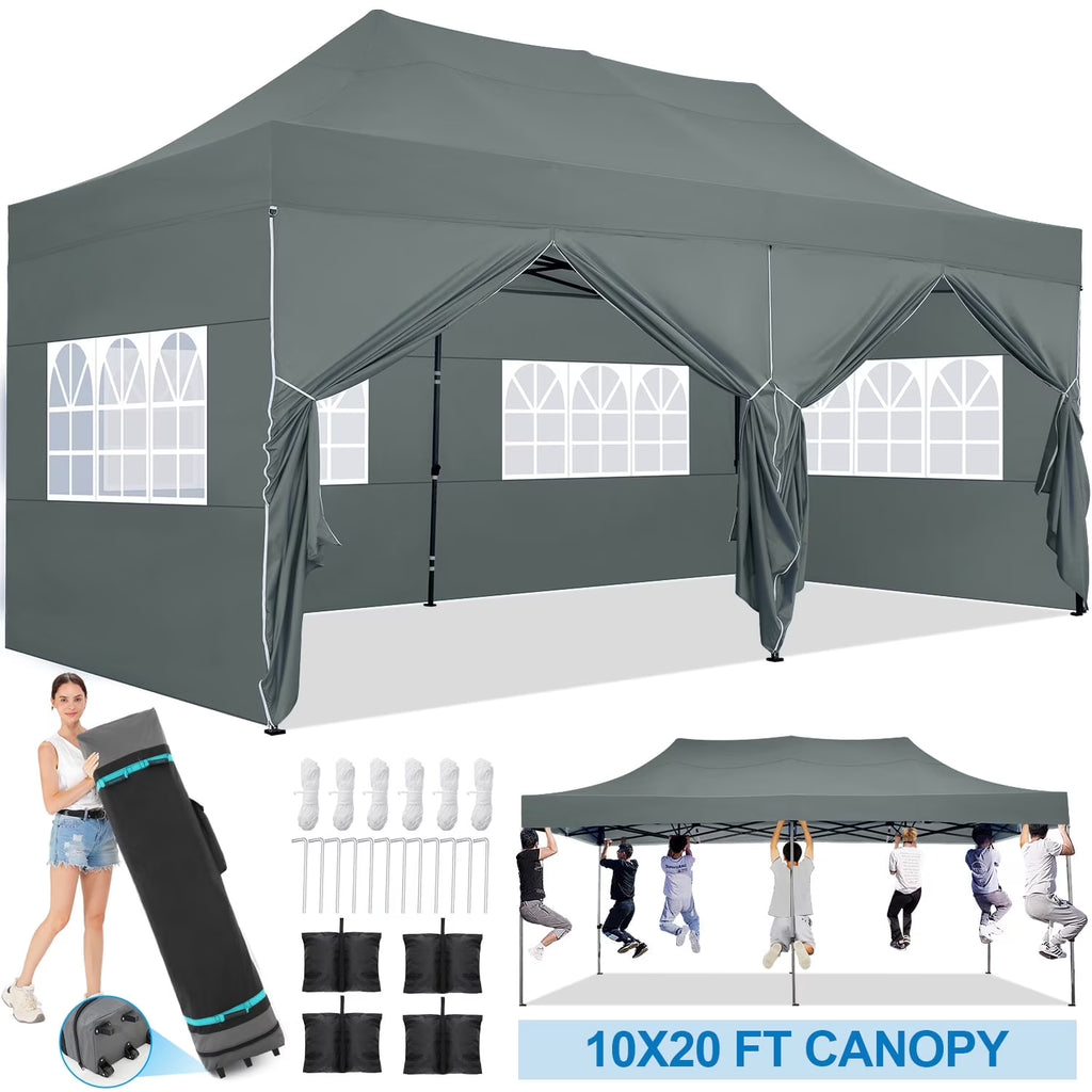 SANOPY 10'x20' Pop Up Canopy Waterproof Folding Tent Outdoor Easy Set-up Instant Tent Heavy Duty Commercial Wedding Party Shelter with 6 Removable Sidewalls, 4 Sandbags, Roller Bag, Black