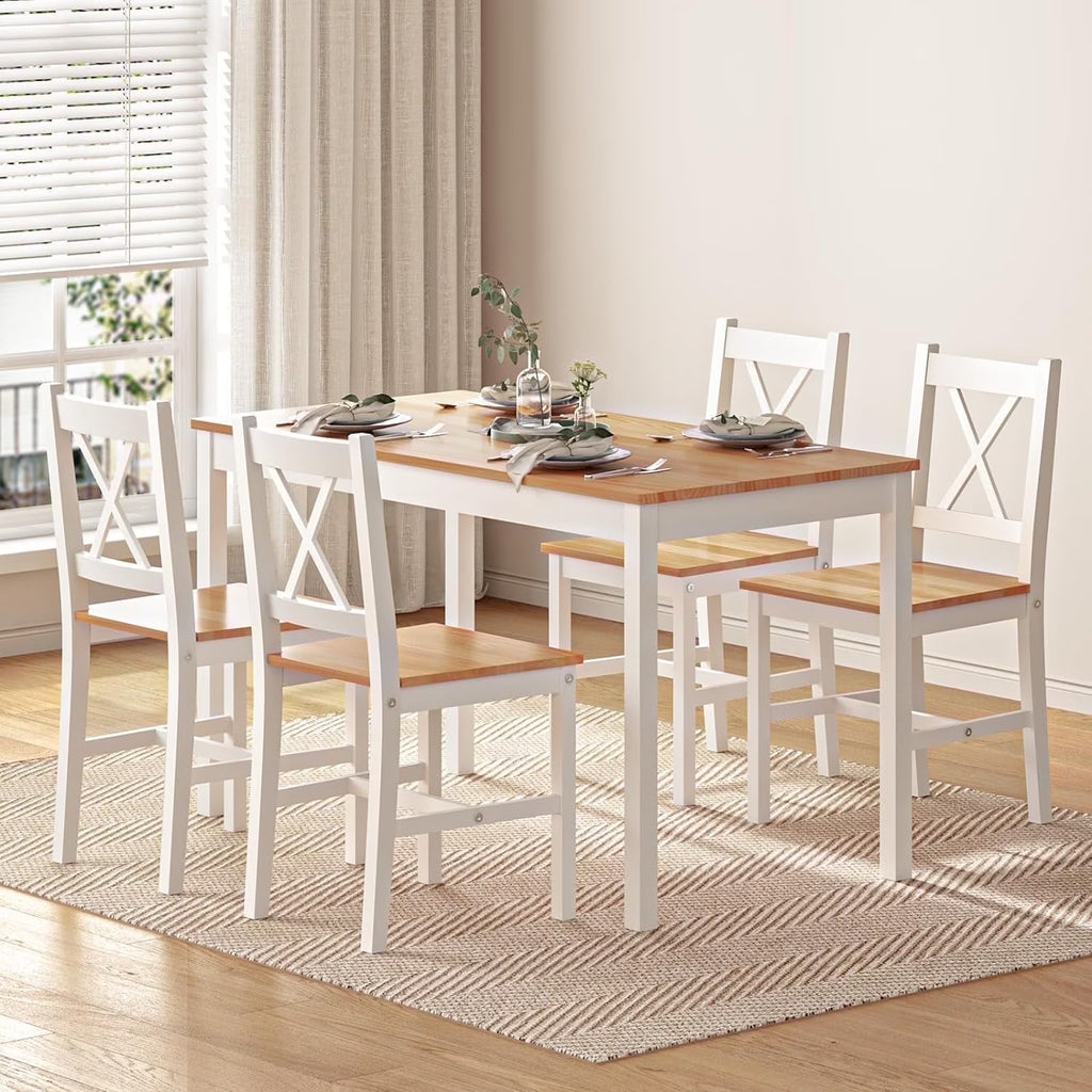 2026 NewSoges 5 Pieces Dining Table Set, Pine Wood Kitchen Dining Table with 4 Chairs, Wood Rectangular kitchen table and chairs for 4, Small Dining Set for Bar Dining Room Breakfast Nook, White and Gray
