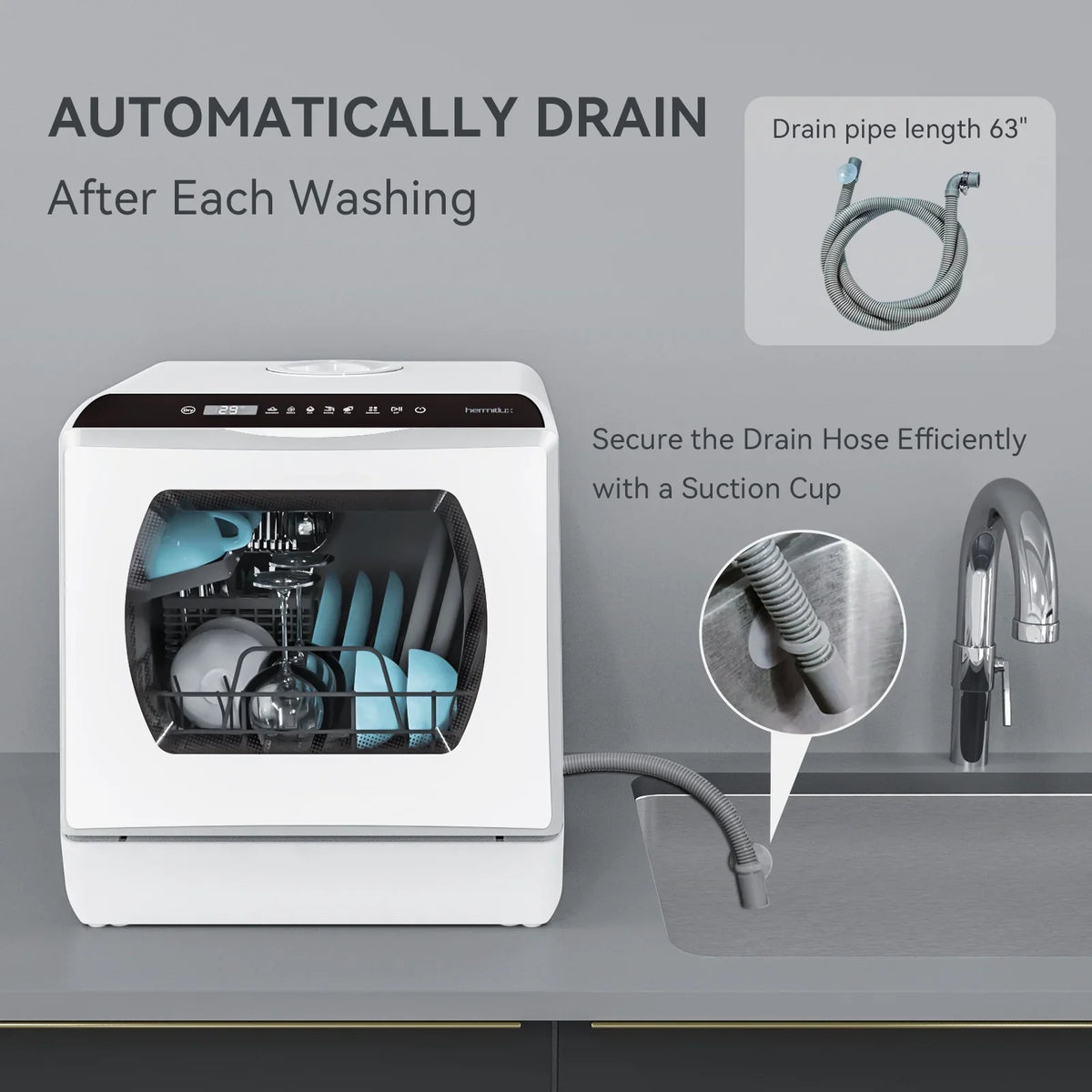 2026 NewHermitlux Portable Countertop Dishwasher, 5 Washing Programs, 5L Built-in Water Tank and Air-Dry Function, HMX-DW03