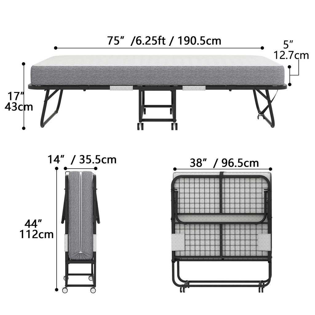 2026 NewFolding Bed with Mattress 75" x 31" Cot Size Folded Bed, Rollaway Guest Bed Portable Foldable Extra Bed for Adults Daybed with 5" Memory Foam Mattress Space-Saving Sturdy Metal Grid Frame