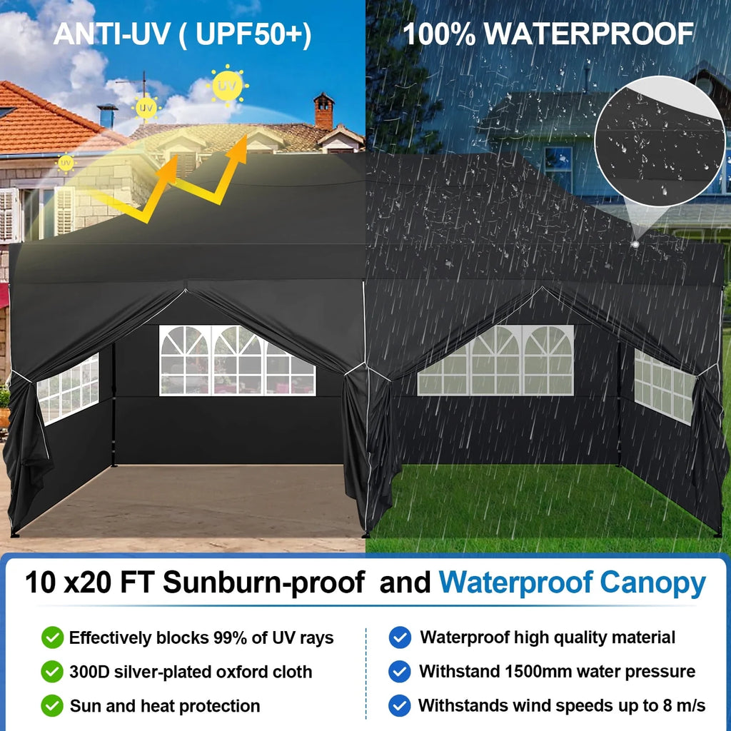 SANOPY 10'x20' Pop Up Canopy Waterproof Folding Tent Outdoor Easy Set-up Instant Tent Heavy Duty Commercial Wedding Party Shelter with 6 Removable Sidewalls, 4 Sandbags, Roller Bag, Black